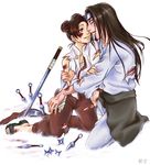  1girl blood brown_hair double_bun dragonboy-mt feet headband holding hyuuga_neji injured injury kunai long_hair naruto shuriken simple_background sword tenten torn_clothes weapon white_background 