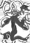  akunohana boots food frills fruit greyscale hand_on_head hat hat_on_chest hat_removed headwear_removed hinanawi_tenshi hug long_hair monochrome multiple_girls nagae_iku open_mouth peach ribbon scarf shawl sleeping smile touhou 