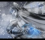  armor black_hair cape gauntlets long_hair pixiv_fantasia pixiv_fantasia_5 side_ponytail snow solo sword takayama_dan warrior weapon 