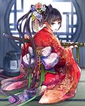  black_hair blue_eyes bow cherry_print chrysanthemum floral_print flower food_print from_behind hair_flower hair_ornament japanese_clothes jar jewelry kanzashi katana kimono kurosawa_tetsu long_hair looking_at_viewer looking_back matsuhime open_mouth original ponytail ring round_window sengoku_taisen solo sword tatami thumb_ring very_long_hair weapon wide_sleeves window 