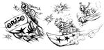  aircraft airplane anja_(madoka_magica) boat car crown explosion greyscale ground_vehicle highres lolita_majin madoka_runes mahou_shoujo_madoka_magica monochrome motor_vehicle runes sketch star twintails watercraft 