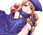  alena_(dq4) artist_request blush brown_eyes brown_hair cape covering covering_breasts dragon_quest dragon_quest_iv earrings gloves hat jewelry long_hair nude simple_background solo 