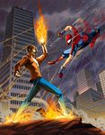  battle brown_hair bug crossover duel fire highres kusanagi_kyou male_focus marvel multiple_boys pyrokinesis saltheman silk spider spider-man spider-man_(series) spider_web the_king_of_fighters 
