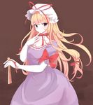  blonde_hair bow breasts choker cleavage closed_fan dress elbow_gloves fan folding_fan gerukazai gloves hair_ribbon hat long_hair purple_eyes ribbon small_breasts solo touhou white_gloves yakumo_yukari 