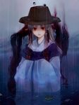  alternate_costume aura blonde_hair eyes frog hair_ribbon hands_in_opposite_sleeves hat japanese_clothes long_hair moriya_suwako morphine_(pixiv) orange_eyes rain red_eyes ribbon solo touhou wading water 