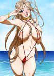  aa_megami-sama ass_visible_through_thighs belldandy blue_eyes blush bracelet breast_suppress breasts brown_hair cowboy_shot day earrings embarrassed facial_mark forehead_mark highres jewelry joy_division large_breasts long_hair looking_at_viewer navel neck_ring nipples nose_blush o-ring o-ring_bikini ocean one_eye_closed open_mouth outdoors red_swimsuit revealing_clothes slingshot_swimsuit solo sweat swimsuit v water 