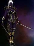  3d armor cgi drow elf female grey_hair purple_skin sahiryr_gemdreamer solo sword warrior weapon 