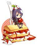  black_eyes black_hair boots cake chibi food fork fruit holding holding_food holding_fruit knee_boots long_hair male_focus ninjin_(charat7) open_mouth strawberry strawberry_shortcake tales_of_(series) tales_of_vesperia yuri_lowell 