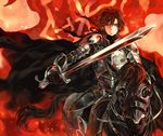  armor bad_id bad_pixiv_id barding brown_hair cape fire full_armor gloves green_eyes horse horseback_riding knight male_focus original riding smoke solo sword weapon welkin 