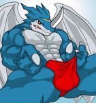 bulge claws digimon dragon exveemon face_markings fangs horns looking_at_viewer male markings muscles red_eyes reptile scalie solo wings xbuimonsama zipopen 