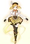  beret blonde_hair boots breasts detached_sleeves drill_hair fingerless_gloves gloves hat highres ichikuesu large_breasts magical_girl mahou_shoujo_madoka_magica pleated_skirt puffy_sleeves skirt smile solo thighhighs tomoe_mami yellow_eyes zettai_ryouiki 