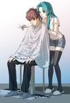  1girl bad_id bad_pixiv_id black_legwear blue_hair blush brown_eyes brown_hair chair chidori_kaname couple cutting_hair full_metal_panic! grey_eyes hands_on_own_knees hetero long_hair long_legs looking_down motz3 newspaper sagara_sousuke scar scissors severed_hair short_hair shorts sitting slippers socks standing thighhighs 