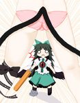  :&lt; arm_cannon ass black_hair bow cat_tail concrete hair_bow kaenbyou_rin leg_ribbon long_hair multiple_girls multiple_tails nekoburo nekomata panties reiuji_utsuho ribbon tail touhou underwear weapon wings 