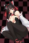  animal_ears bare_shoulders black_eyes black_legwear bow bowtie breasts brown_hair bunny_ears bunnysuit checkered checkered_background checkered_floor cleavage hair_ribbon hakurei_reimu highres large_breasts long_hair pantyhose ribbon shuugetsu_karasu solo touhou 