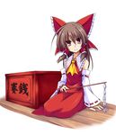  ascot bare_shoulders bow box brown_eyes brown_hair detached_sleeves donation_box gohei hair_bow hair_tubes hakurei_reimu hemogurobin_a1c long_hair simple_background smile solo touhou 