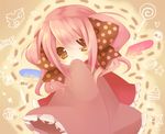 angel_wings bad_id bad_pixiv_id blush bow charlotte_(madoka_magica) chibi covering_mouth dress hair_bow hand_over_own_mouth long_sleeves mahou_shoujo_madoka_magica mini_wings nochita_shin personification pink_dress pink_hair sleeves_past_wrists solo twintails wings yellow_eyes 