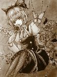  bad_id bad_pixiv_id bug butterfly buttons coco_maru colored_pencil_(medium) embellished_costume fishnet_pantyhose fishnets flower holding holding_flower insect jpeg_artifacts kurodani_yamame light_smile looking_at_viewer monochrome pantyhose rose short_hair sitting smelling_flower smile solo touhou traditional_media 