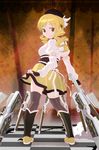  bad_id bad_pixiv_id blonde_hair brown_eyes checkered checkered_floor drill_hair field_of_blades fingerless_gloves from_behind gloves gun hair_ornament hat long_hair magical_girl magical_musket mahou_shoujo_madoka_magica planted_weapon rifle solo standing striped striped_legwear thighhighs tomoe_mami tori_(ritcrover) twin_drills twintails vertical-striped_legwear vertical_stripes weapon zettai_ryouiki 