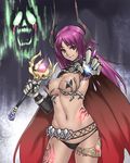  belt black_panties bone_bra breasts cape cleavage fantasy highres horns houtengeki large_breasts long_hair navel original panties purple_hair red_eyes skull smirk solo tattoo underwear wand 