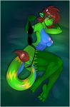  big_breasts blue_eyes blush bra breasts claws dragon female green green_body hair hindpaw horn horns lintu lizard markings nife_(character) nipples panties paws red_hair reptile scalie solo tail underwear undressing 