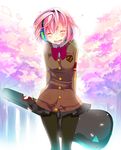  alternate_hair_length alternate_hairstyle blush cherry_blossoms guitar_case headphones highres instrument_case megurine_luka pantyhose petals pink_hair school_uniform skirt smile solo temari_(deae) vocaloid younger 