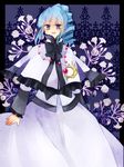  ange_serena bad_id bad_pixiv_id blue_background blue_eyes blue_hair bow curly_hair dress flower jewelry necklace ponytail ribbon sakuno_kizuki shawl short_hair smile solo tales_of_(series) tales_of_innocence white_dress 