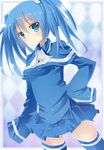  bad_id bad_pixiv_id blue_eyes blue_hair hand_on_hip imaichi_moenai_ko kakao kobe_shinbun sleeves_past_wrists solo thighhighs twintails zettai_ryouiki 