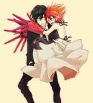  agari_yamato black_hair eyes_closed full_body hug karakuridoji_ultimo male_focus multiple_boys red_hair simple_background ultimo 