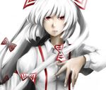  bad_id bad_pixiv_id floating_hair fujiwara_no_mokou hair_ribbon i---z lips long_hair long_sleeves red_eyes ribbon solo suspenders touhou tress_ribbon white white_background white_hair 