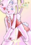  anthro blue_eyes blush bodily_fluids chest_tuft clothing covering covering_self female fur genital_fluids lagomorph leporid looking_at_viewer lunecheetah lunecheetah_(artist) mammal one_eye_closed peeing pink_body pink_fur rabbit solo standing tuft urine wink young young_anthro 