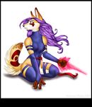  breasts canine cosplay female form_fitting frisket hair kneeling melissa_o&#039;brien parody psychic_knife psylocke purple_hair sash skimpy solo tattoo wide_hips x-men 