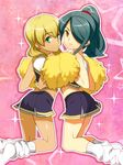  2boys blonde_hair blue_hair blush brown_eyes cheerleader crossdress crossdressing green_eyes hair_over_one_eye inazuma_eleven inazuma_eleven_(series) kazemaru_ichirouta kneeling long_hair looking_back miyasaka_ryou multiple_boys open_mouth pom_poms ponytail shota smile trap 