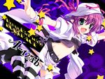  belt green_eyes happy_birthday_(artist) hat maruchan. merry_nightmare midriff pointy_ears purple_hair skirt solo striped striped_legwear thighhighs yumekui_merry 