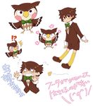  1boy bird bow bowtie brown_eyes brown_hair bug butterfly closed_eyes crying doubutsu_no_mori feathered_wings fuuta_(doubutsu_no_mori) glasses insect kiyo3270 male_focus open_mouth owl personification simple_background solo teeth white_background wings 