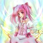 bow bow_(weapon) faiday gloves hair_bow kaname_madoka magical_girl mahou_shoujo_madoka_magica pink_eyes pink_hair short_twintails solo twintails weapon white_gloves 