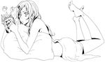  alternate_hairstyle arm_support artist_request axis_powers_hetalia bangs barefoot blush book feet full_body genderswap genderswap_(mtf) greyscale hair_ornament hairclip legs_up lineart long_hair lying monochrome nude on_stomach pillow reading simple_background solo source_request spain_(hetalia) tomato towel white white_background 