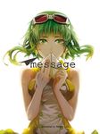  bad_id bad_pixiv_id bare_shoulders goggles goggles_on_head green_eyes green_hair gumi headphones highres letter rahwia short_hair simple_background sleeveless solo vocaloid 