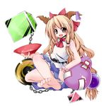  :d barefoot belt blonde_hair blush bow brown_eyes chain cube cup dress error feet gourd hair_bow highres horns ibuki_suika kiki_(koikuchikinako) long_hair open_mouth pyramid_(geometry) ribbon sakazuki sitting sleeveless smile soles solo sphere toes touhou transparent_background very_long_hair 