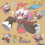  1girl :o cake charlotte_(madoka_magica) cheese chibi doughnut food head_wings hood long_sleeves mahou_shoujo_madoka_magica personification pink_eyes pink_hair pyotr_(madoka_magica) sleeves_past_wrists speech_bubble twintails ueshita 