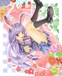  animal_ears bad_id bad_pixiv_id blazer bunny_ears checkered checkered_background flower jacket leaf long_hair nagayo necktie open_mouth purple_hair red_eyes reisen_udongein_inaba skirt smile solo touhou 