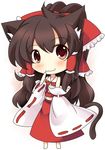  :3 animal_ears blush bow brown_hair cat_ears cat_tail chibi detached_sleeves dress hair_bow hakurei_reimu kemonomimi_mode lozelia ponytail red_dress red_eyes smile solo tail touhou wavy_mouth 