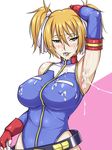  arm_up armpit armpits black_beat blonde_hair breasts cum cum_on_armpit cum_on_body cum_on_upper_body erect_nipples female gundam gundam_card_builder leotard naughty_face reiko_holinger short_hair solo tight_clothing twintails white_background 