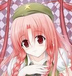  alternate_eye_color argyle argyle_background beret blush braid hat highres hong_meiling long_hair nanase_nanami red_eyes red_hair smile solo star touhou twin_braids 