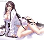  bayonetta bayonetta_(character) black_hair blue_eyes breasts carnelian cleavage glasses jpeg_artifacts large_breasts legs lips long_hair long_legs mole mole_under_mouth resized simple_background solo thighs upscaled very_long_hair 