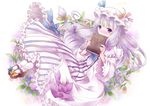  bad_id bad_pixiv_id book covering_mouth crescent floral_background hat highres long_hair mary_janes michii_yuuki pantyhose patchouli_knowledge purple_eyes purple_hair robe shoes shy solo striped touhou white_legwear 
