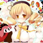  beret blonde_hair blush breasts cake charlotte_(madoka_magica) drill_hair fingerless_gloves food fruit gloves hand_on_own_chest hat large_breasts magical_girl mahou_shoujo_madoka_magica natsume_eri smile strawberry tomoe_mami upper_body yellow_eyes 
