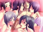  1boy 6+girls 6girls blue_hair blush censored fellatio game_cg harem kiriya_hakushakuke_no_roku_shimai m&amp;m multiple_girls oral penis pimp saliva saliva_trail testicles 