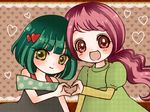 bare_shoulders blush bob_cut brown_background child dark_precure dress green_hair hair_ornament hanasaki_futaba happy heart heart_hands heart_hands_duo heartcatch_precure! multiple_girls open_mouth ponytail precure red_eyes red_hair short_hair smile what_if yellow_eyes younger 