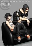  2girls arms_crossed barefoot belly_button belt bent_over beverage black_hair camisole choker crossed_arms drink gothic hat long_hair midriff multiple_girls navel original pants platform_sandals punk short_hair silver_eyes sitting sunglasses takehisa_takahashi 