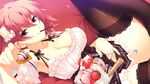  breasts chocolate cleavage dutch_angle food fork fruit game_cg hoshi_no_ouji-kun large_breasts legs mouth_hold panties parfait pocky qp:flapper red_eyes red_hair skirt solo spoon strawberry thighhighs thighs underwear waitress 